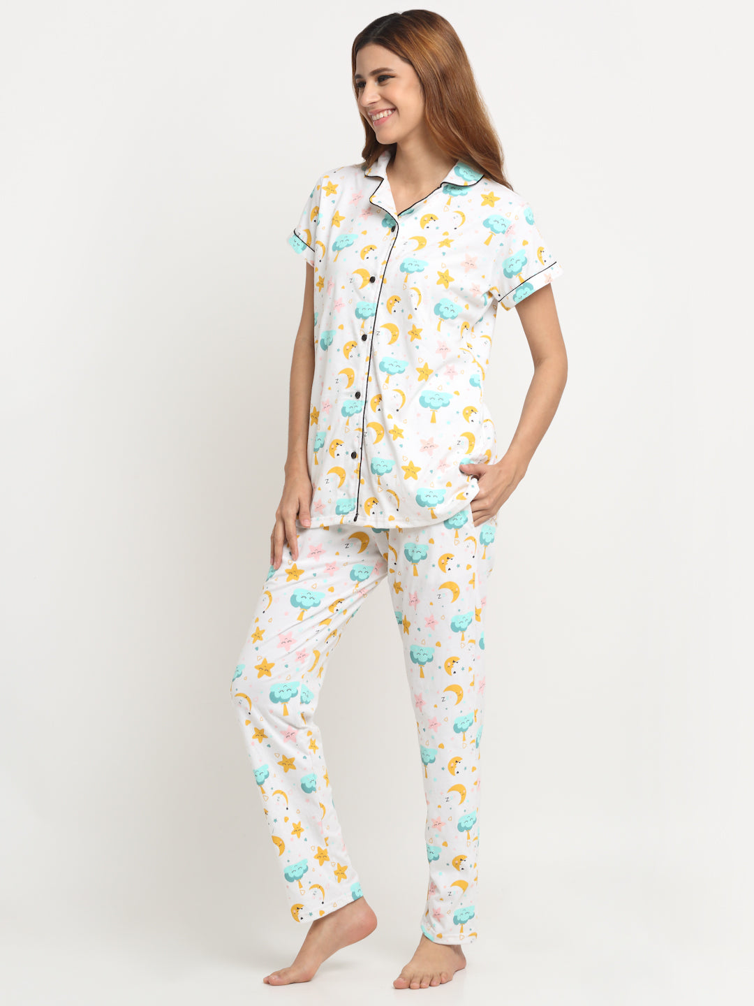 Wonderlady Cotton Nightsuit Set of Shirt & Pyjama Starlight with Pockets | Creeva