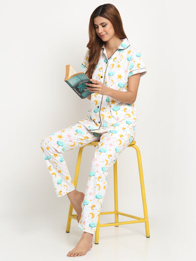 Wonderlady Cotton Nightsuit Set of Shirt & Pyjama Starlight with Pockets | Creeva
