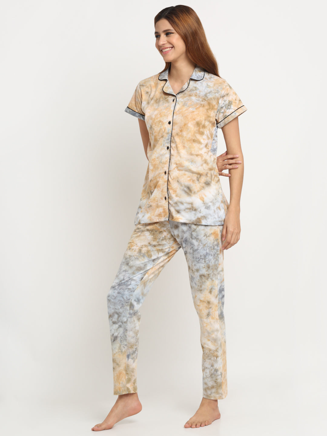 Wonderlady Cotton Nightsuit Set of Shirt & Pyjama Marble Tie-Die with Pockets | Creeva
