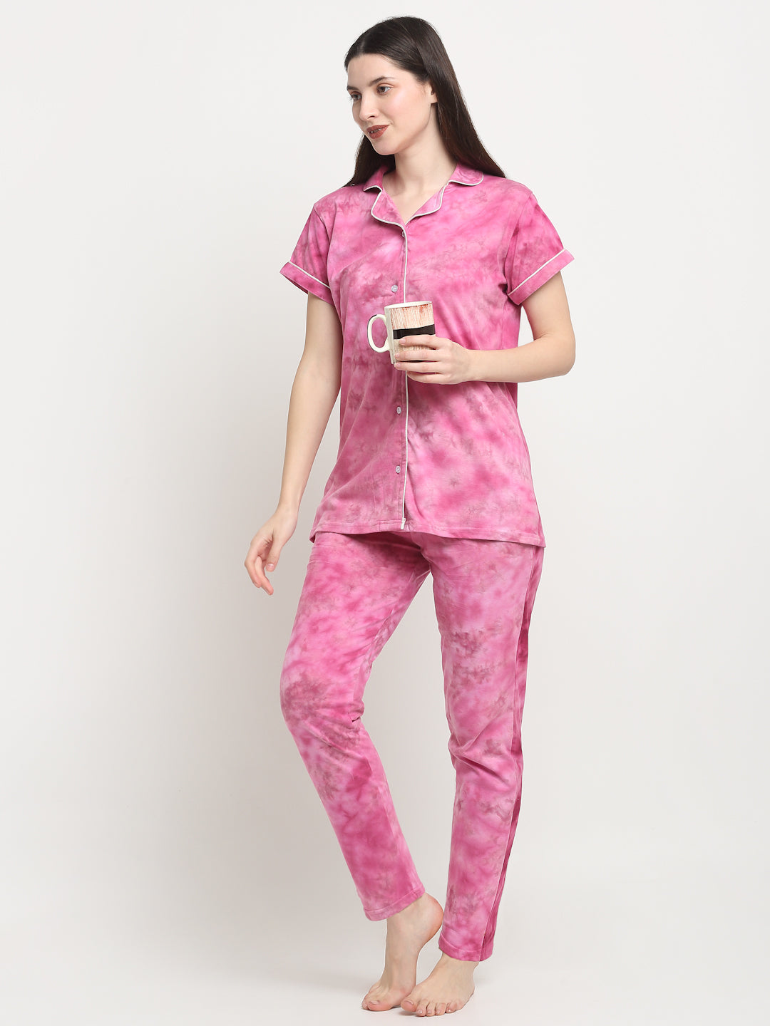 Wonderlady Cotton Nightsuit Set of Shirt & Pyjama Bubblegum Tie-Die with Pockets | Creeva