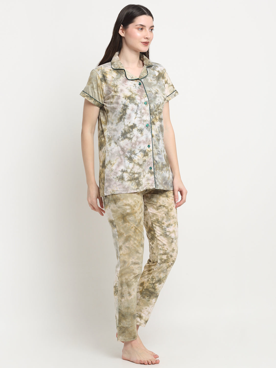 Wonderlady Cotton Nightsuit Set of Shirt & Pyjama Beige Tie-Die with Pockets | Creeva