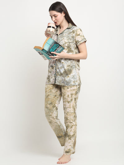 Wonderlady Cotton Nightsuit Set of Shirt & Pyjama Beige Tie-Die with Pockets | Creeva