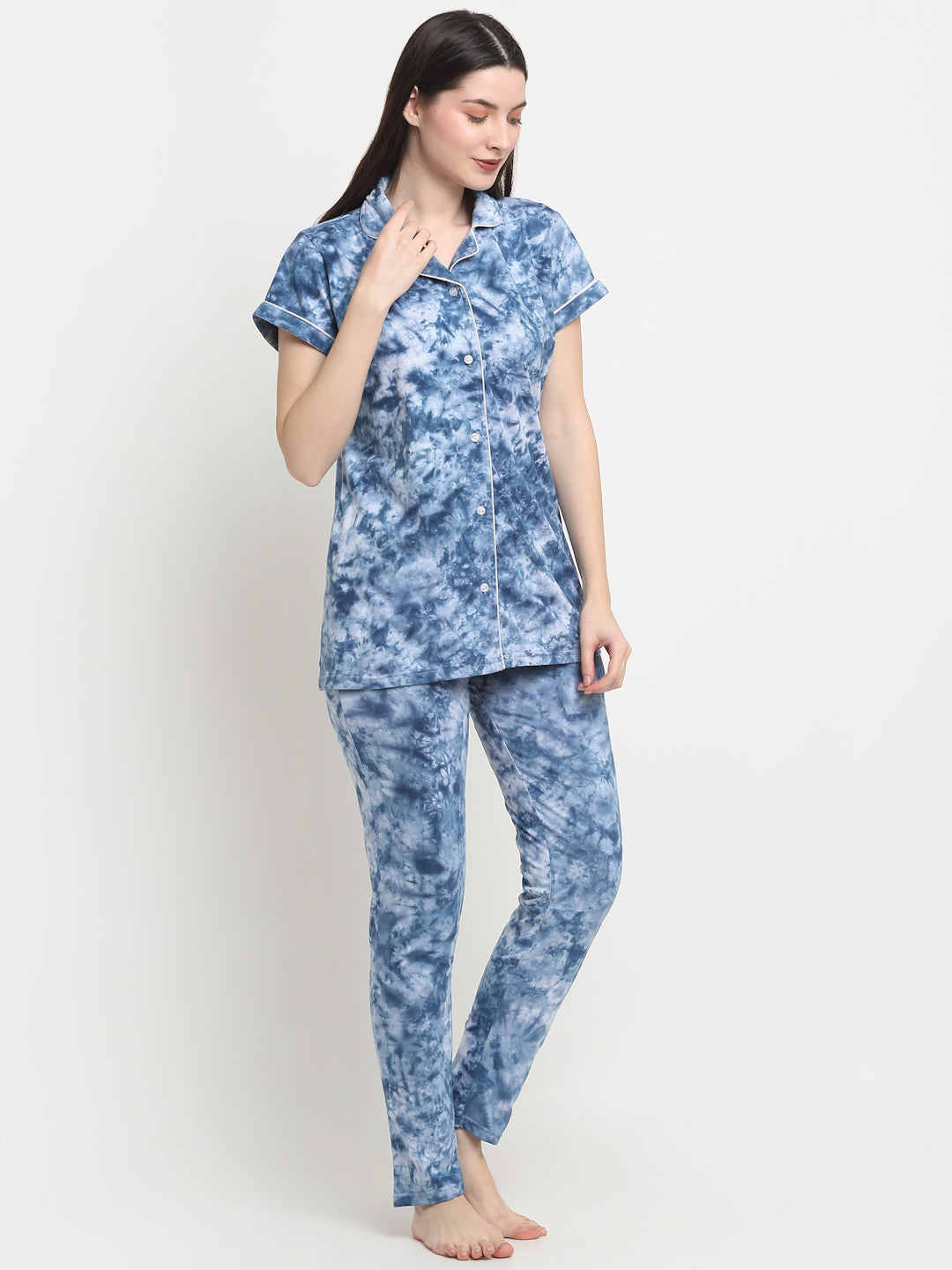 Wonderlady Cotton Nightsuit Set of Shirt & Pyjama Blue Tie-Die with Pockets | Creeva