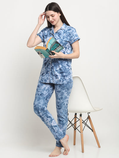 Wonderlady Cotton Nightsuit Set of Shirt & Pyjama Blue Tie-Die with Pockets | Creeva