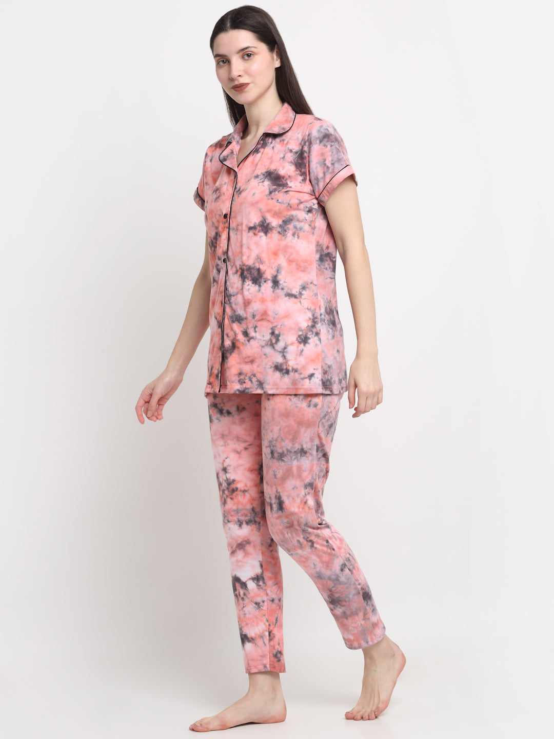 Wonderlady Cotton Nightsuit Set of Shirt & Pyjama Coral Tie-Die with Pockets | Creeva