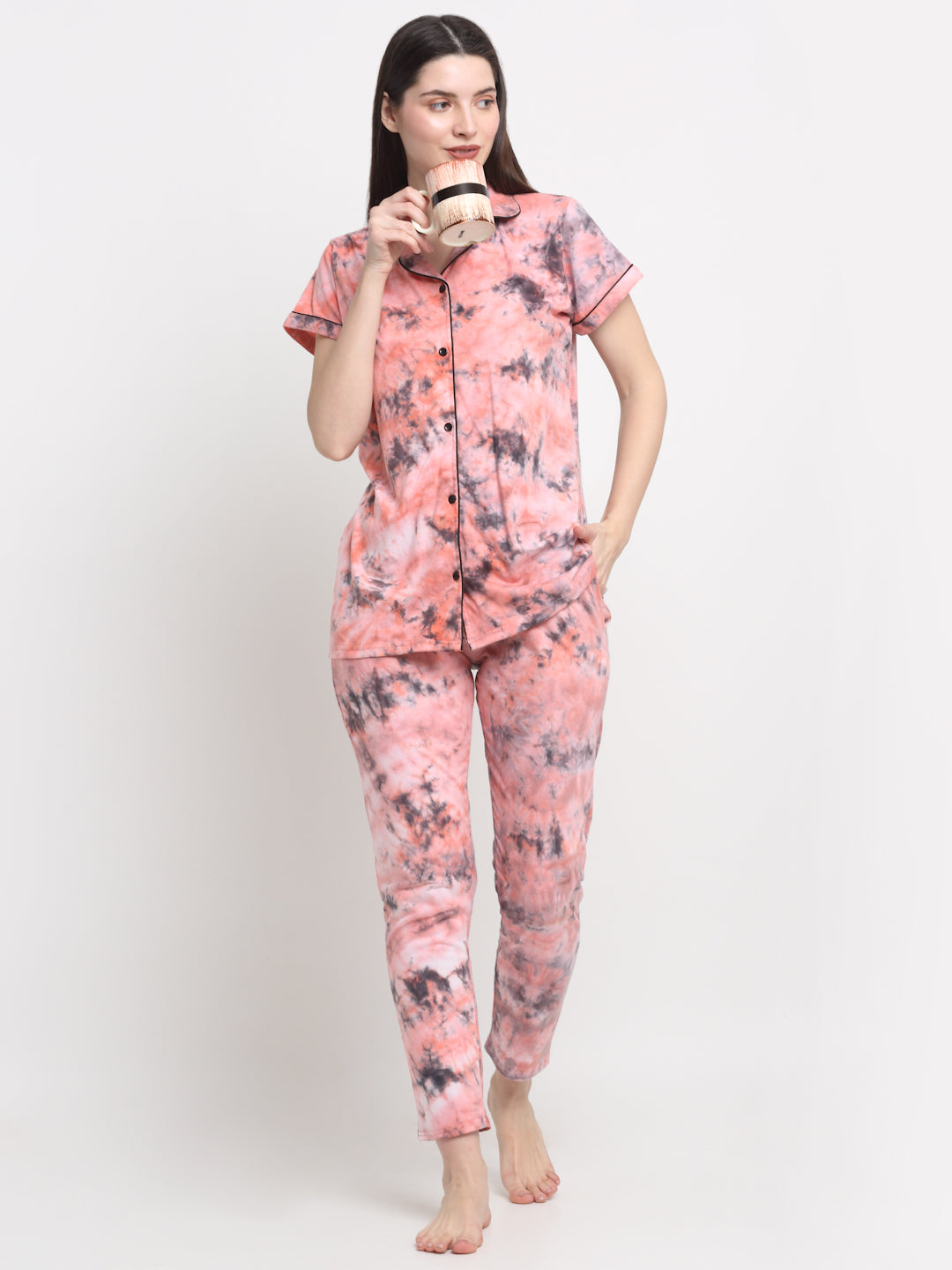 Wonderlady Cotton Nightsuit Set of Shirt & Pyjama Coral Tie-Die with Pockets | Creeva