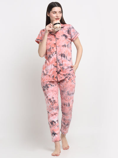 Wonderlady Cotton Nightsuit Set of Shirt & Pyjama Coral Tie-Die with Pockets | Creeva