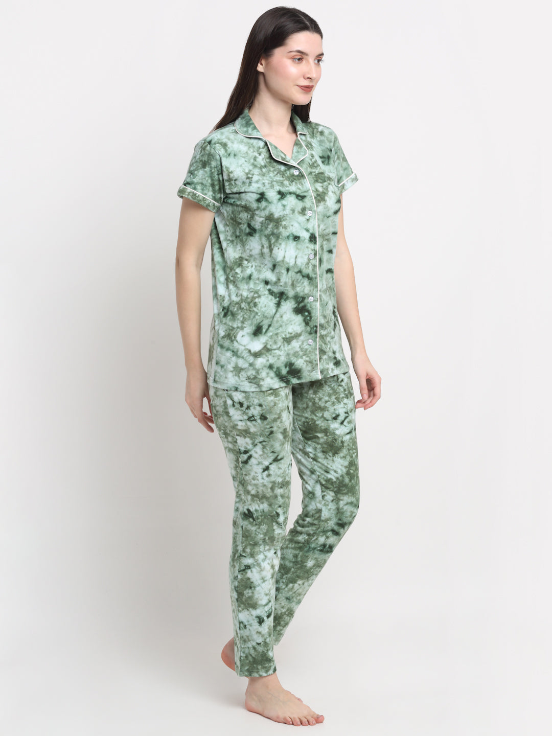 Wonderlady Cotton Nightsuit Set of Shirt & Pyjama Sea Green Tie-Die with Pockets | Creeva