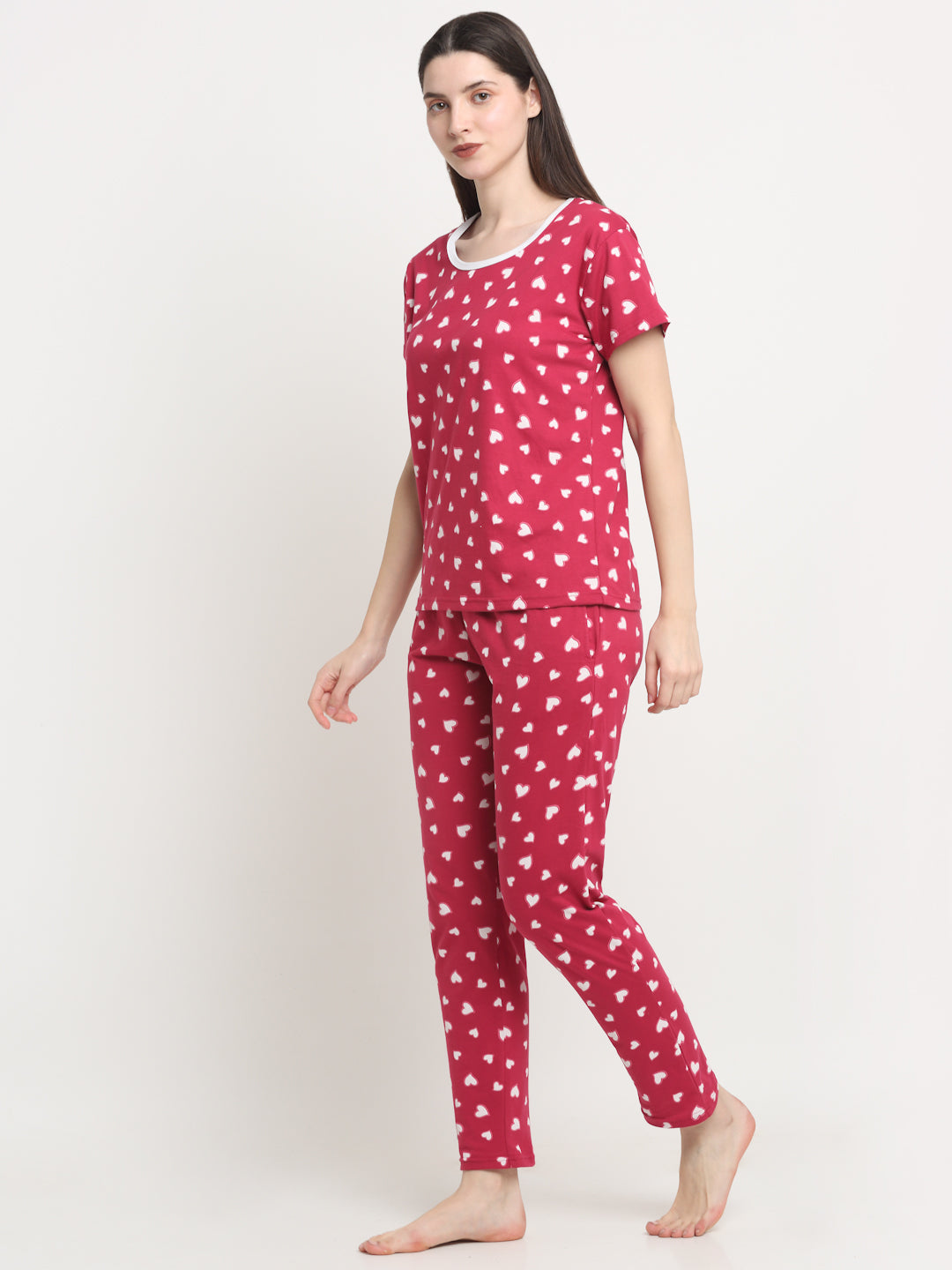 Wonderlady Cotton Nightsuit Set of Pyjama & T-Shirt Cherry Love Heart with Pockets Medium Size | Creeva