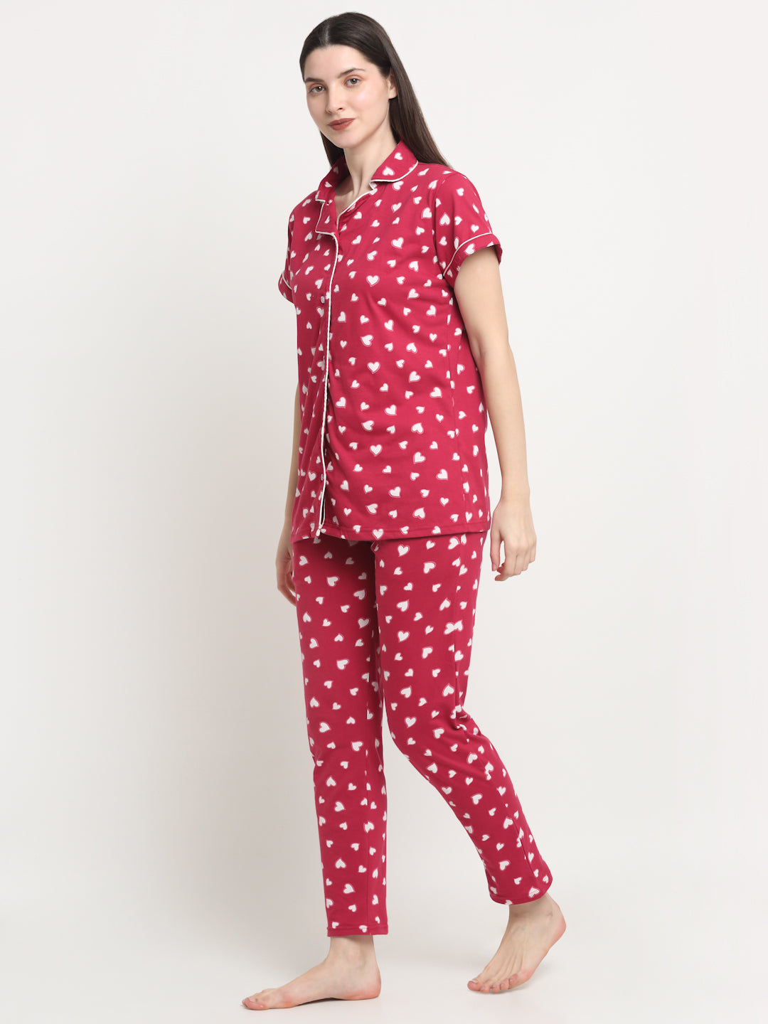 Wonderlady Cotton Nightsuit Set of Shirt & Pyjama Cherry Love Heart with Pockets | Creeva