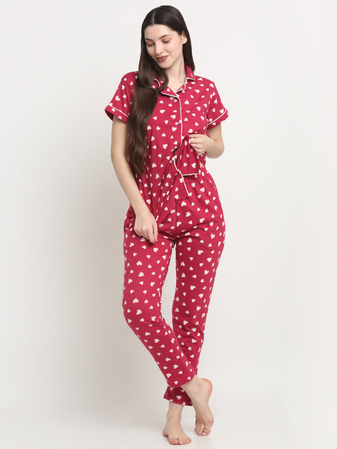 Wonderlady Cotton Nightsuit Set of Shirt & Pyjama Cherry Love Heart with Pockets | Creeva