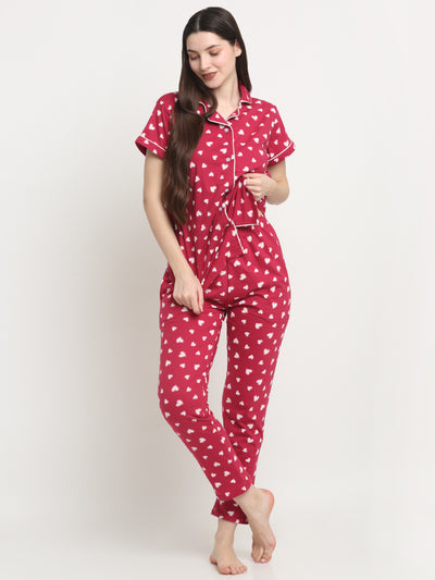 Wonderlady Cotton Nightsuit Set of Shirt & Pyjama Cherry Love Heart with Pockets | Creeva