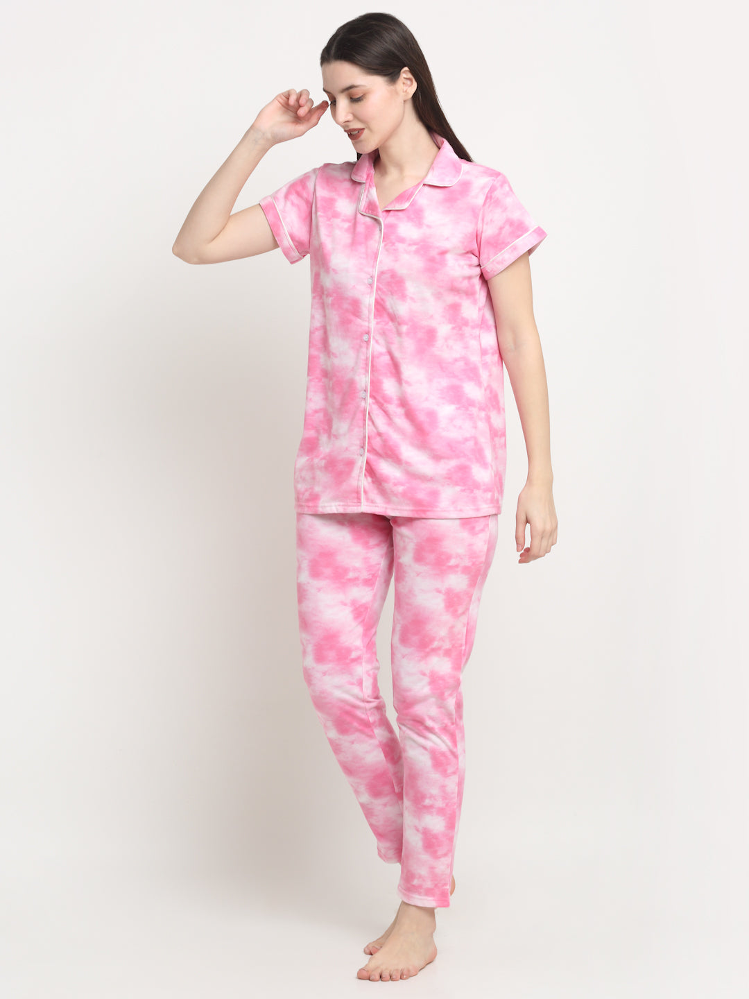 Wonderlady Cotton Nightsuit Set of Shirt & Pyjama Rose-Pink Tie-Die with Pockets | Creeva