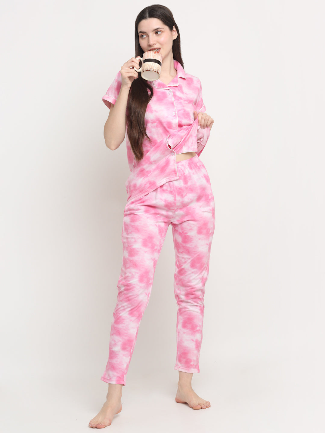 Wonderlady Cotton Nightsuit Set of Shirt & Pyjama Rose-Pink Tie-Die with Pockets | Creeva