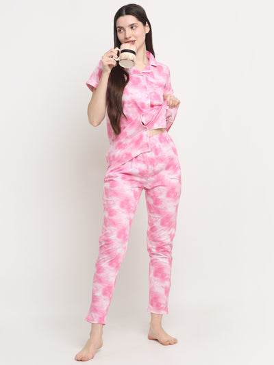 Wonderlady Cotton Nightsuit Set of Shirt & Pyjama Rose-Pink Tie-Die with Pockets | Creeva