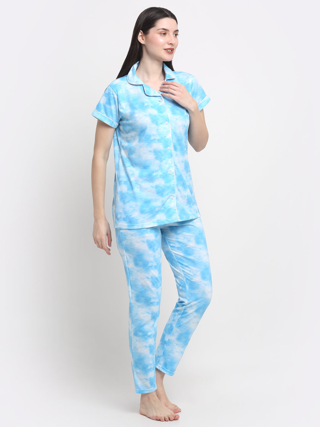 Wonderlady Cotton Nightsuit Set of Shirt & Pyjama Sky Blue Tie-Die with Pockets | Creeva
