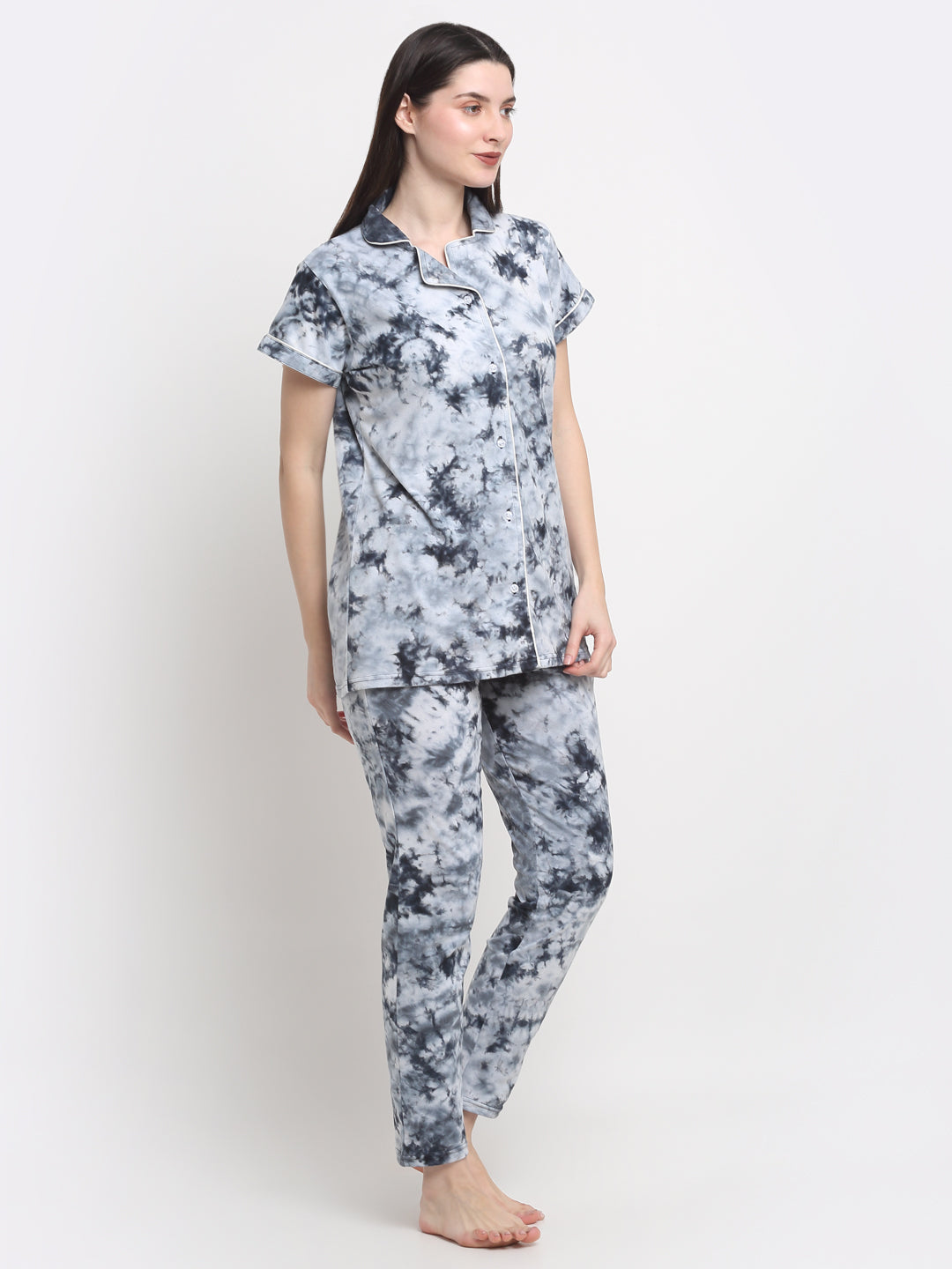 Wonderlady Cotton Nightsuit Set of Shirt & Pyjama Cloud Burst Tie-Die with Pockets | Creeva