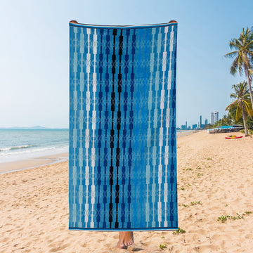 Abstract Vertical Ikat Stripe Print Beach Towel - Blue, 100 x 185 cm