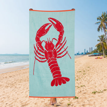Coastal Lobster Print Beach Towel - Sea Green, 105 x 180 cm