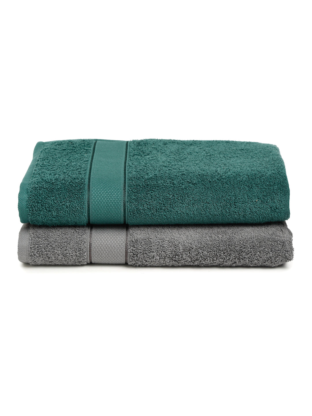 Creeva Grey & Dark Green 2 Pc Solid 525 GSM Bath Towel Set