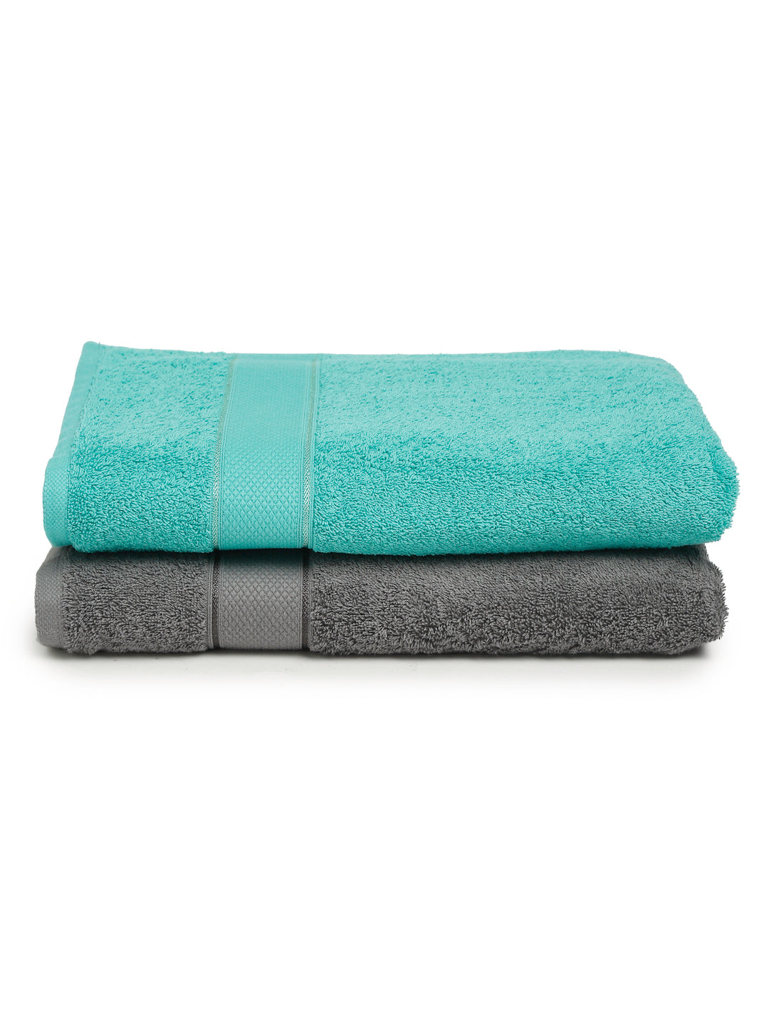 Creeva Grey & Sea Green 2 Pc Solid 525 GSM Bath Towel Set