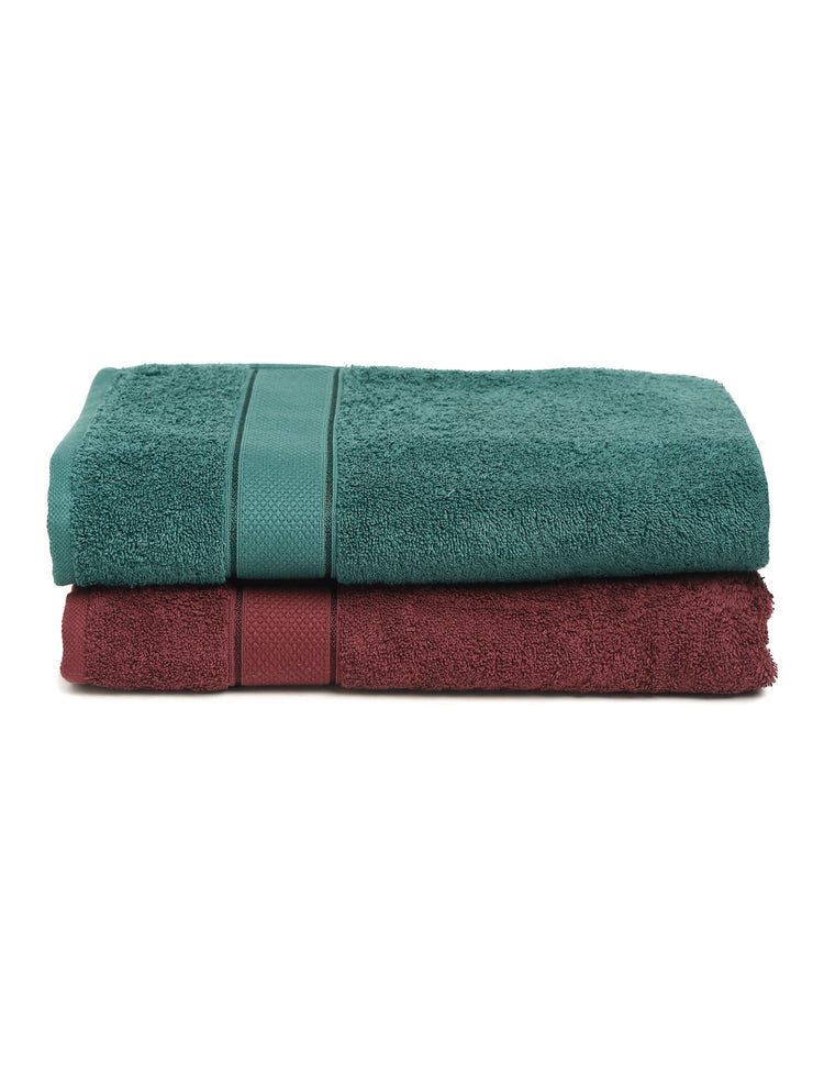 Creeva Wine & Dark Green 2 Pc Solid 525 GSM Bath Towel Set