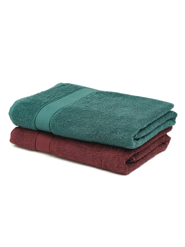 Creeva Wine & Dark Green 2 Pc Solid 525 GSM Bath Towel Set