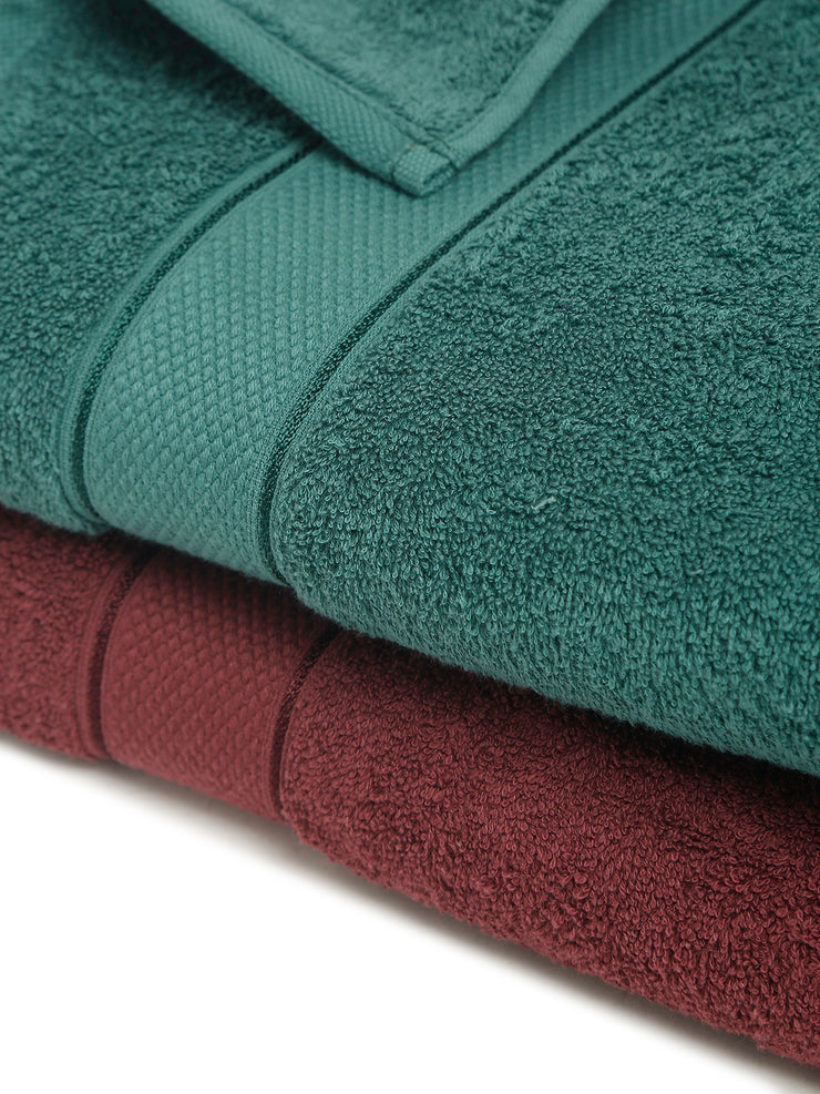 Creeva Wine & Dark Green 2 Pc Solid 525 GSM Bath Towel Set