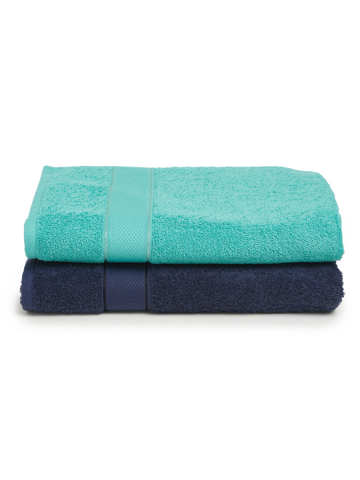 Creeva Navy & Sea Green 2 Pc Solid 525 GSM Bath Towel Set