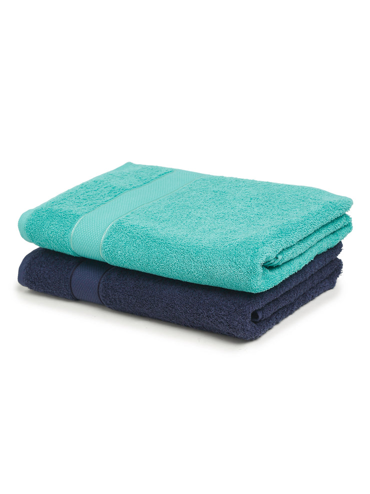 Creeva Navy & Sea Green 2 Pc Solid 525 GSM Bath Towel Set