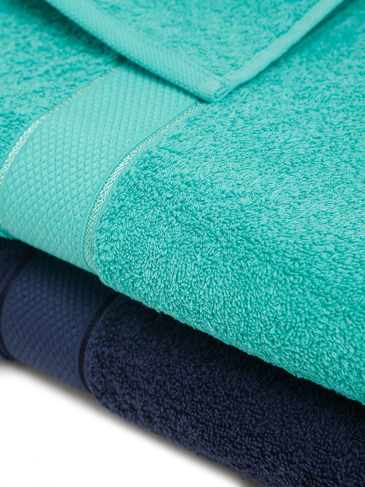 Creeva Navy & Sea Green 2 Pc Solid 525 GSM Bath Towel Set