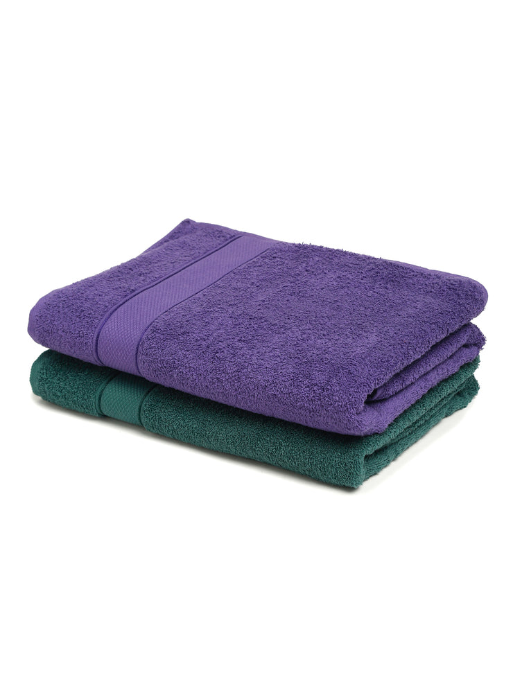 Creeva Dark Green & Violet 2 Pc Solid 525 GSM Bath Towel Set