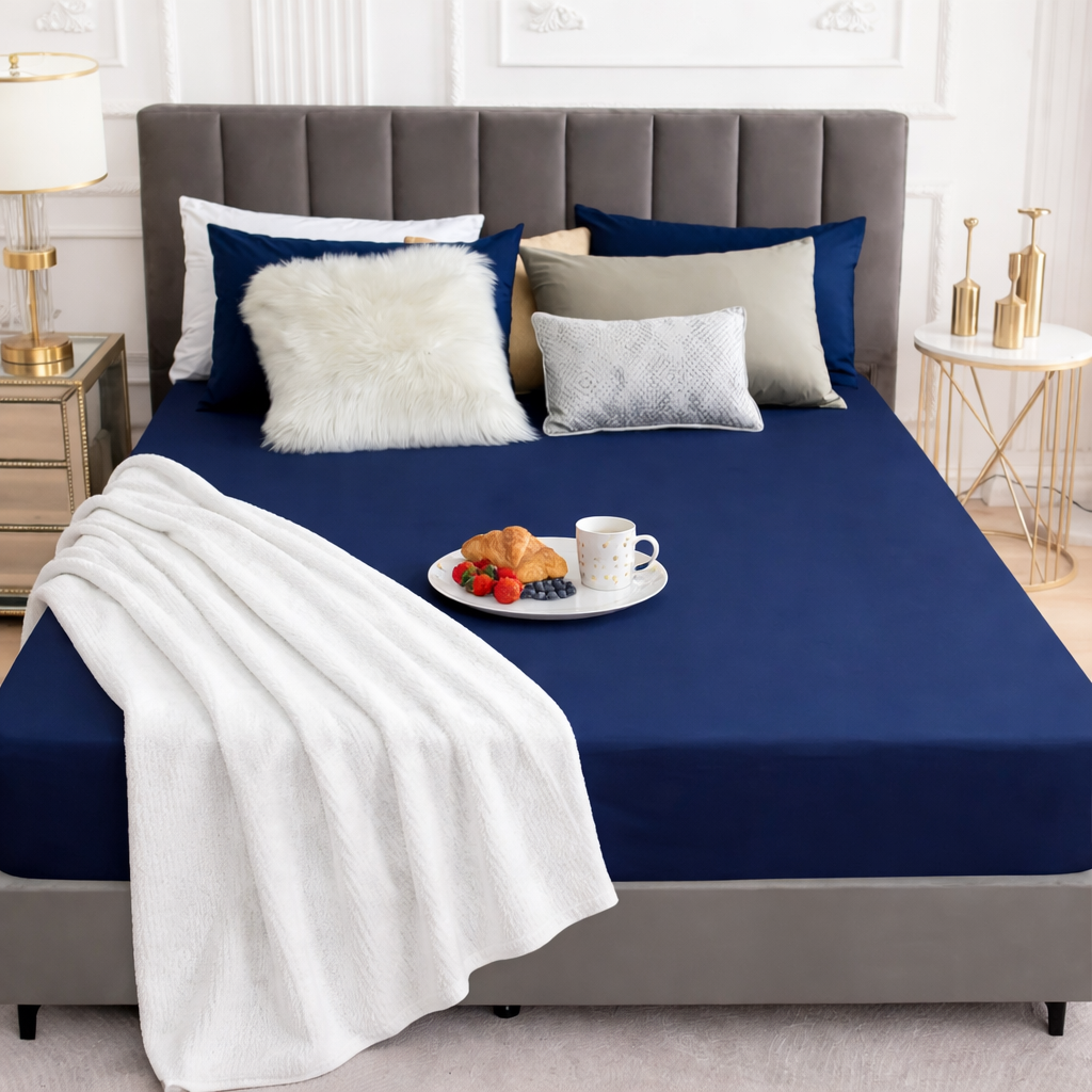 Waterproof Terry Mattress Protector with Elastic Skirting - Navy Blue
