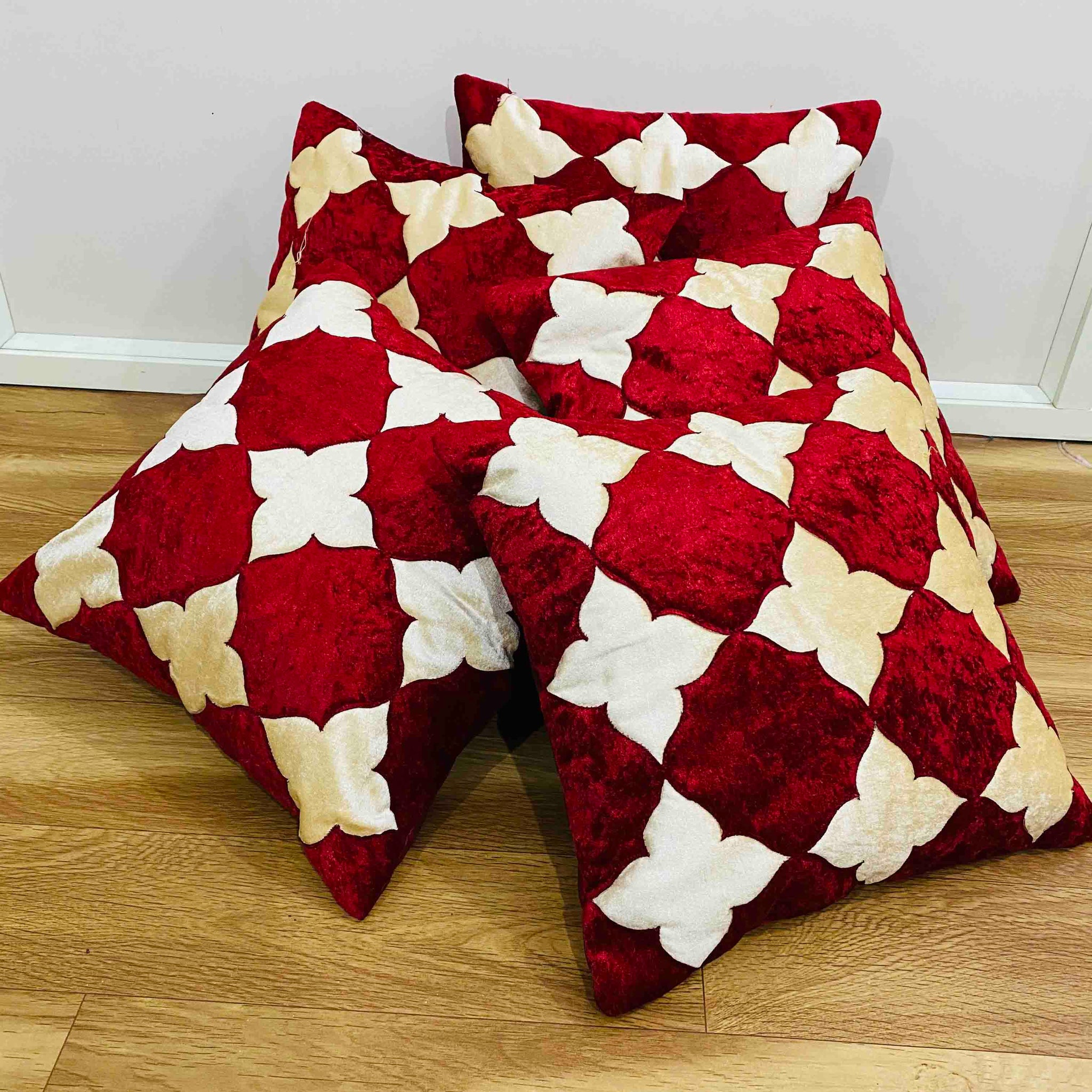 Set of 5 Velvet Cushion Covers | Star Design Red | 16 x 16 INCH or 40 x 40 CM
