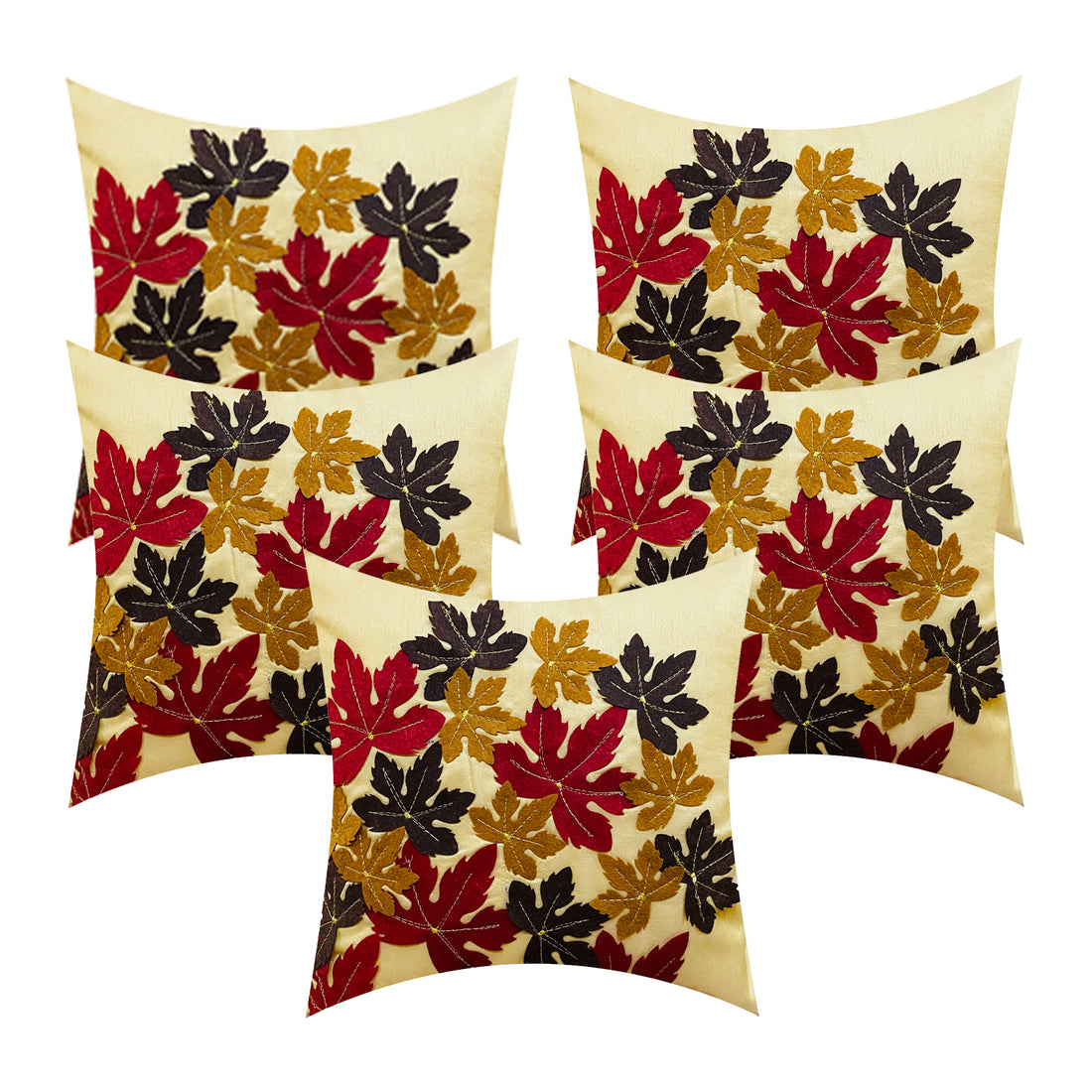 CREEVA Set of 5 Silk Flower Cushion Covers | Golden | 16 x 16 INCH or 40 x 40 CM