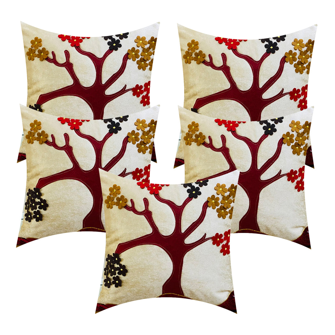 CREEVA Set of 5 Velvet Cushion Covers | Tree Design Golden | 16 x 16 INCH or 40 x 40 CM