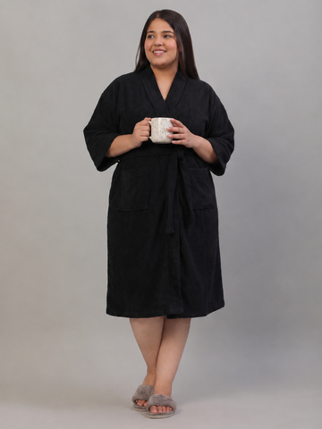 Luxury Cotton Bathrobe for Men & Women | Plus Size | Soft & Highly Absorbent | Shawl Collar | 3/4 Sleeves | Knee Length | Black