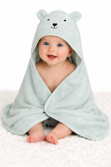 CREEVA Cuddle Baby/Kids Hooded Bath Towel in Pastel Green – Soft 100% Cotton with Cute Cartoon Face & 3D Ears, Super Absorbent Bath Wrap for Newborns & Toddlers | (0-5 Years)