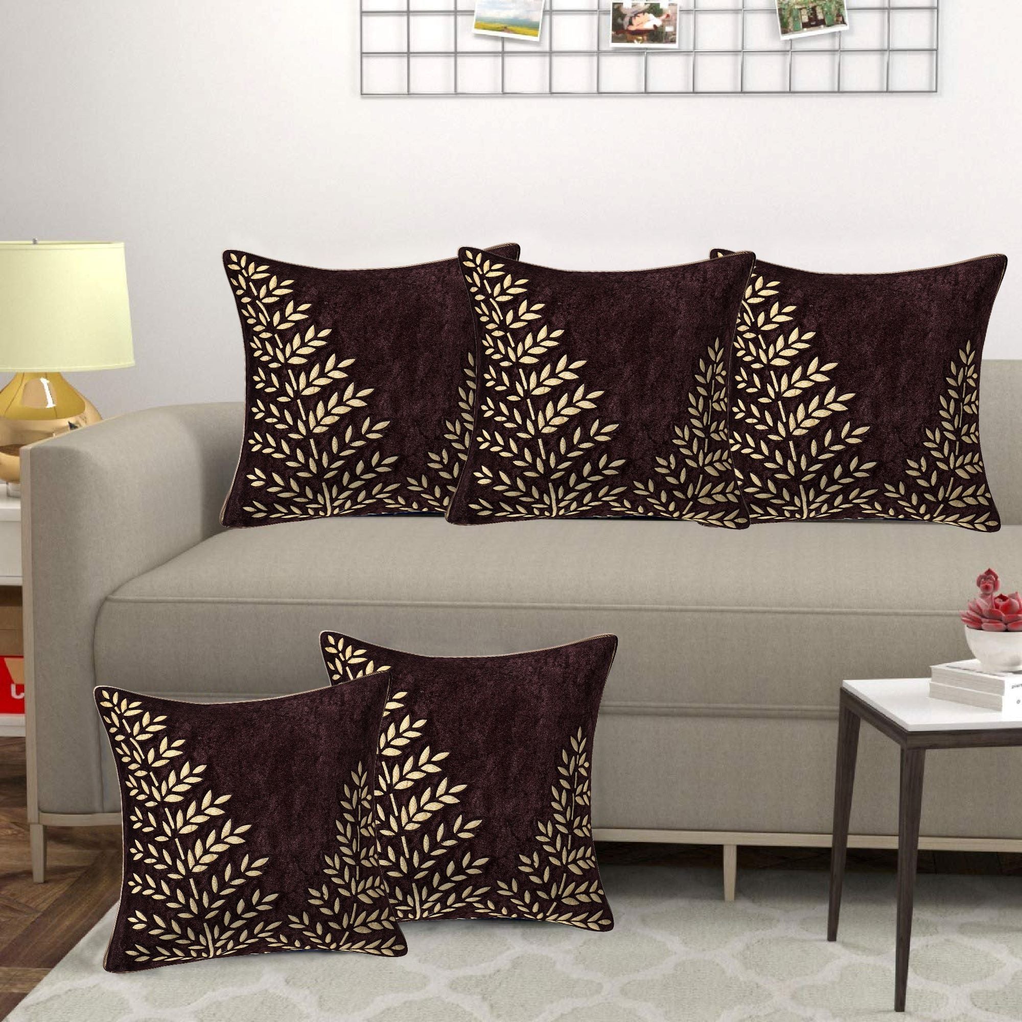 Set of 5 Velvet Cushion Covers | Double Tree Design - Brown | 16 x 16 INCH or 40 x 40 CM
