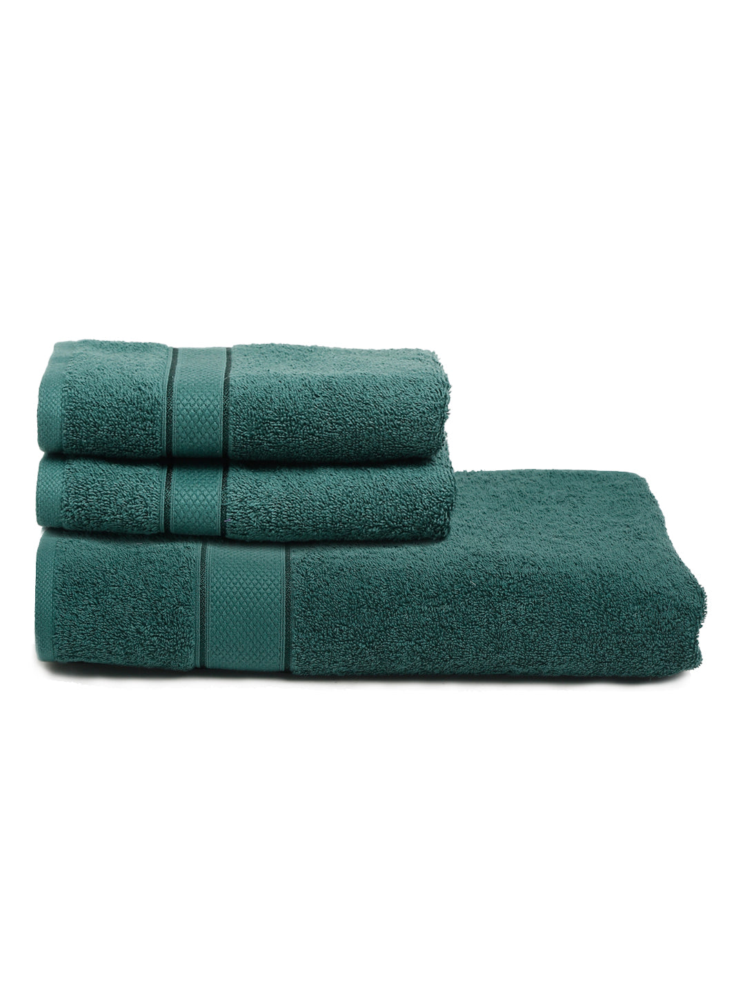 A stack of three teal bath towels on a white background.