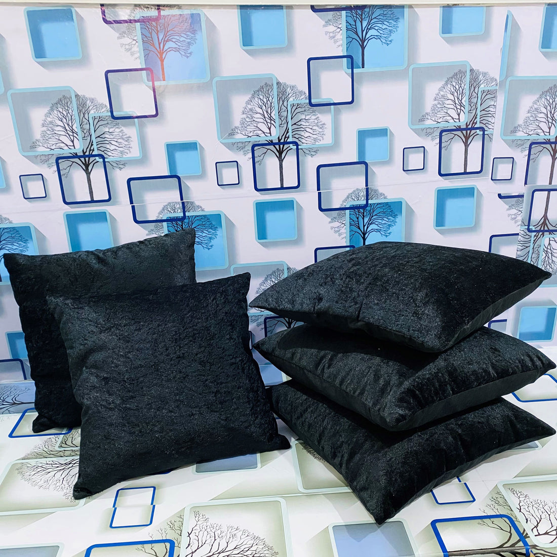CREEVA Set of 5 Velvet Cushion Covers | Zarin Patta Black | 16 x 16 INCH or 40 x 40 CM
