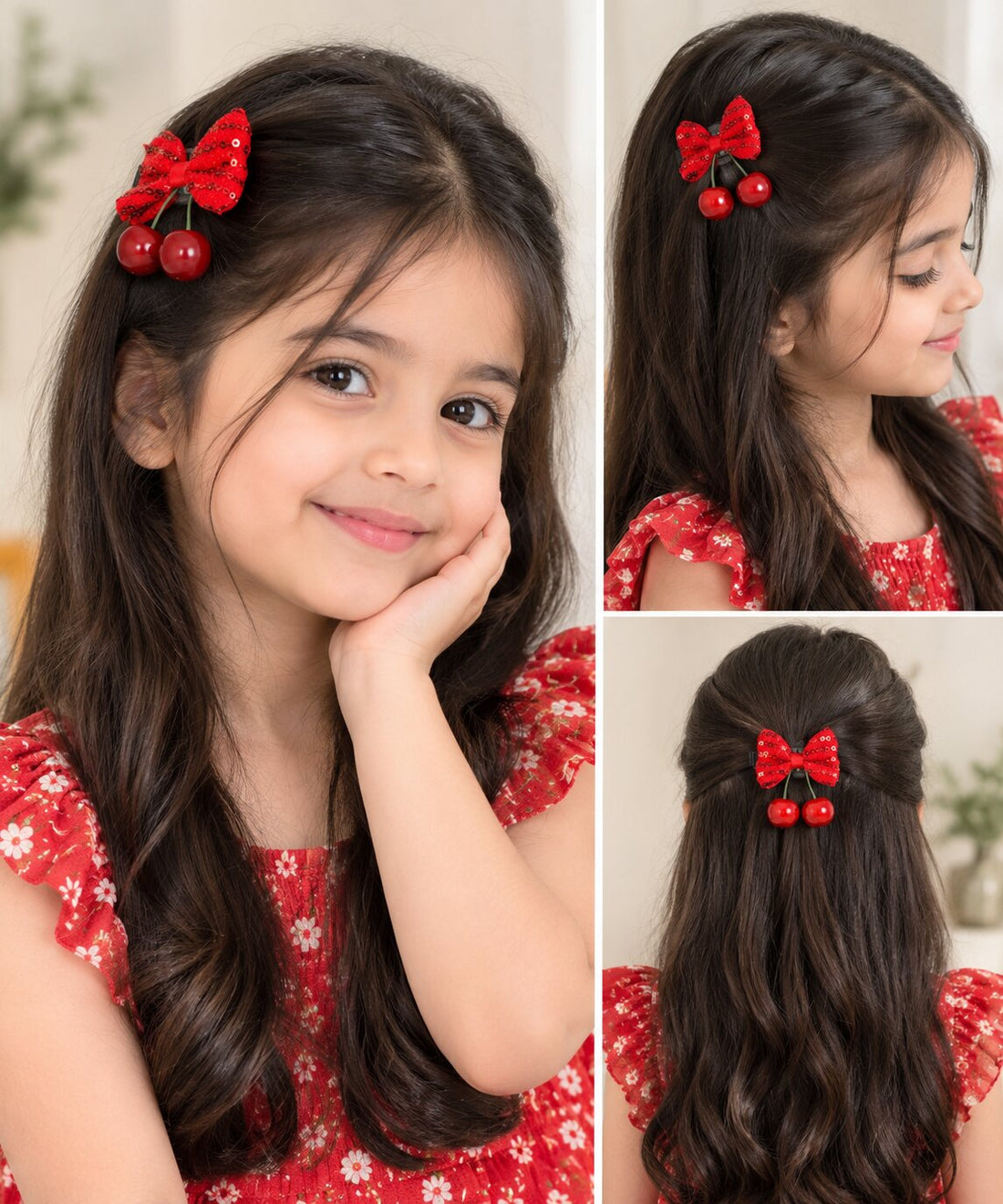 Creeva, 2 Pcs Cherry-Shaped Hair Clips with Red Bows