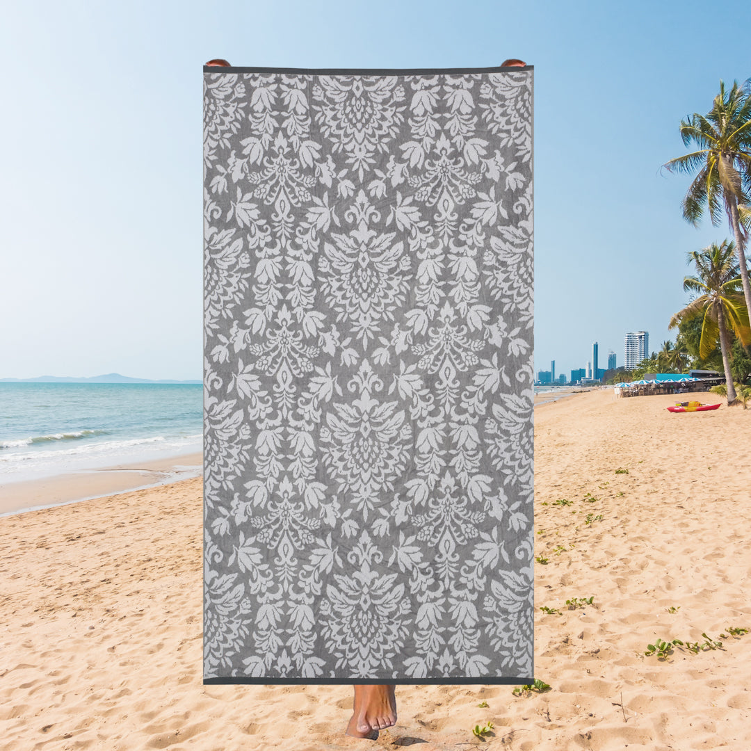 Ornate Damask Beach Towel – Charcoal Grey Luxury, 105 x 180 cm