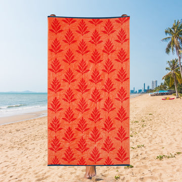 Botanical Motif Beach Towel – Bold Sunset Red, 105 x 180 cm