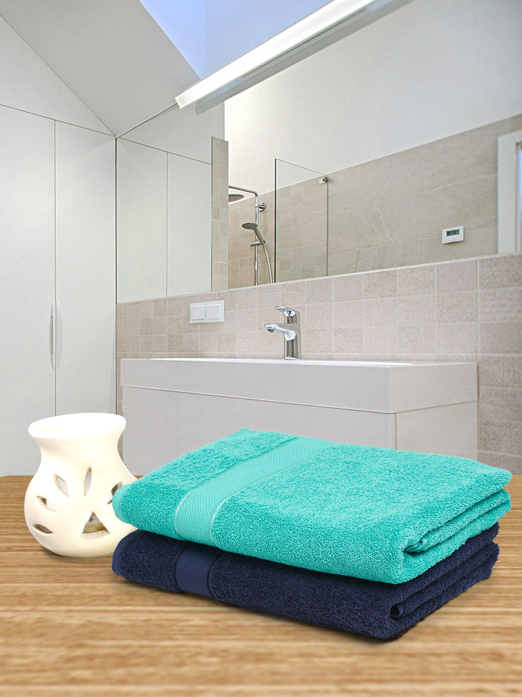 Creeva Navy & Sea Green 2 Pc Solid 525 GSM Bath Towel Set