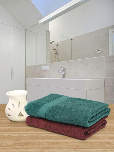 Creeva Wine & Dark Green 2 Pc Solid 525 GSM Bath Towel Set