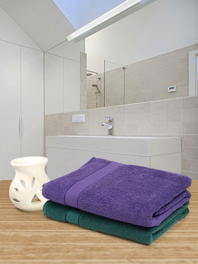 Creeva Dark Green & Violet 2 Pc Solid 525 GSM Bath Towel Set
