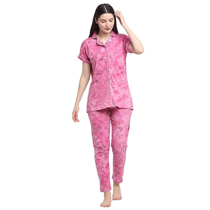 Wonderlady Cotton Nightsuit Set of Shirt & Pyjama Bubblegum Tie-Die with Pockets | Creeva