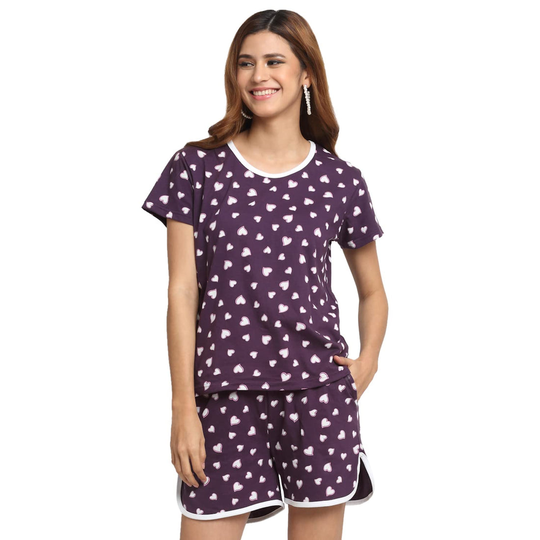 Wonderlady Cotton Nightsuit Set of Shorts & T-Shirt Plum Heart with Pockets Medium Size | Creeva
