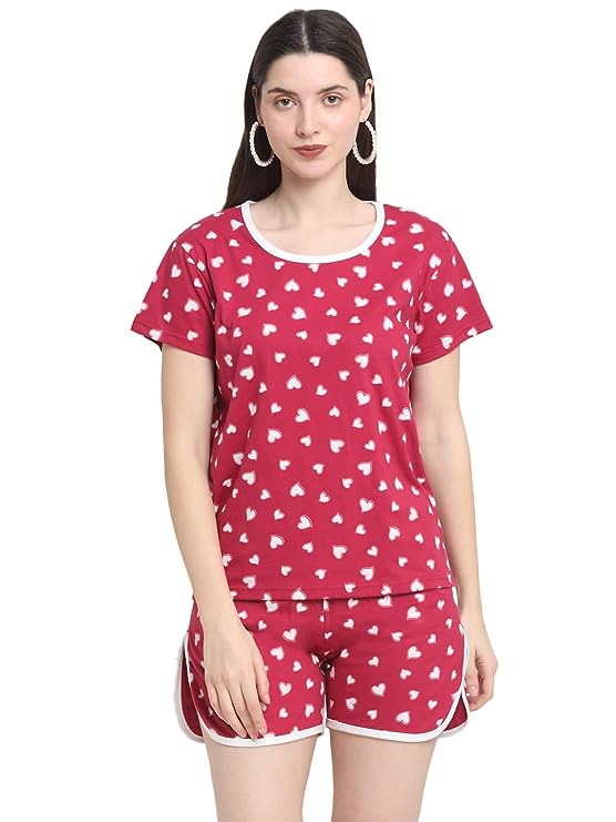 Wonderlady Cotton Nightsuit Set of Shorts & T-Shirt Cherry Love Heart with Pockets Medium Size | Creeva